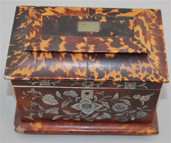 An early Victorian tortoiseshell and floral mother of pearl inlaid two division tea caddy, 7.5in.